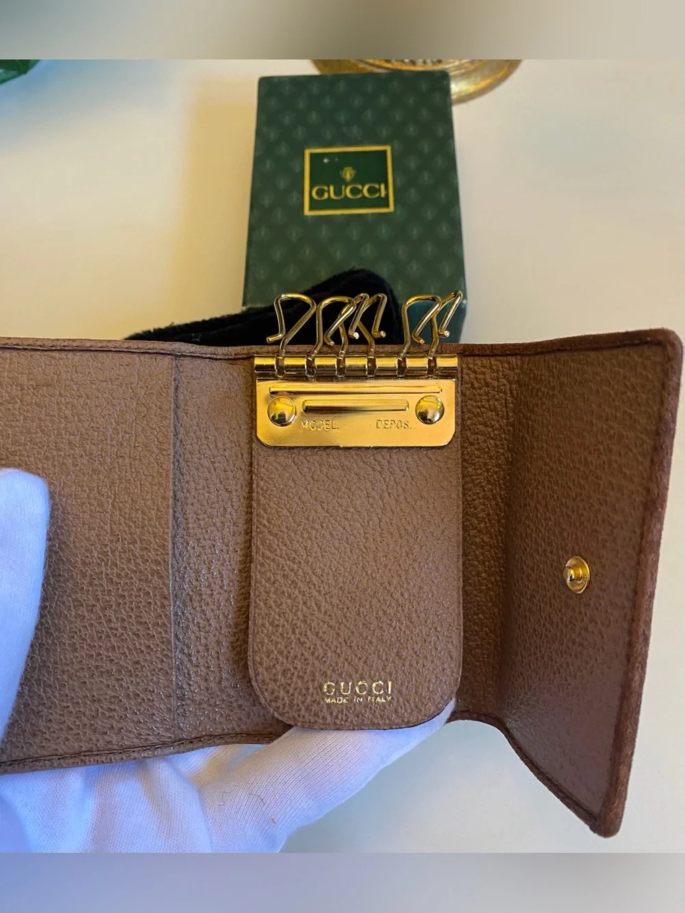 Gucci Brown Pebbled Leather Key / Card Case with Gold-Tone / Bamboo Hardware